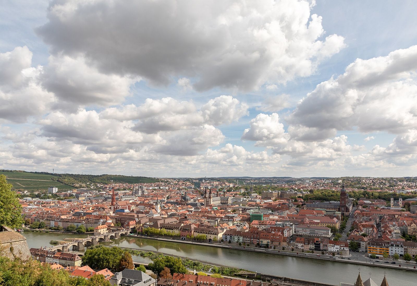 The red roofs of Würzburg's old town line the Main river, seen here from the Marienberg fortress.