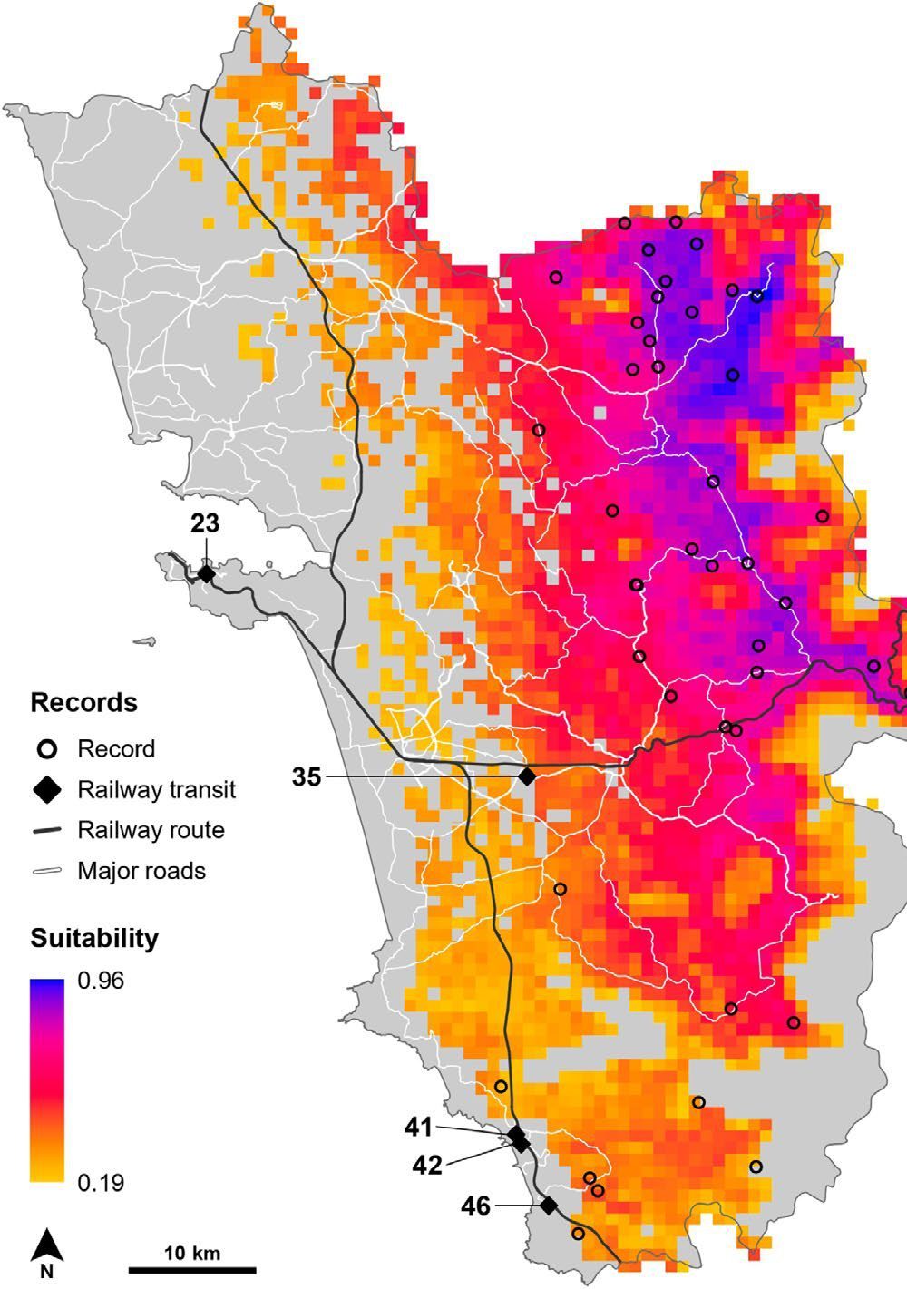 A heat map of Goa showing where king cobras are most likely to live: dark purple and pink in the forested east, pale orange along the coast. Black lines show the railways; black diamonds mark five rescues far from good habitat.