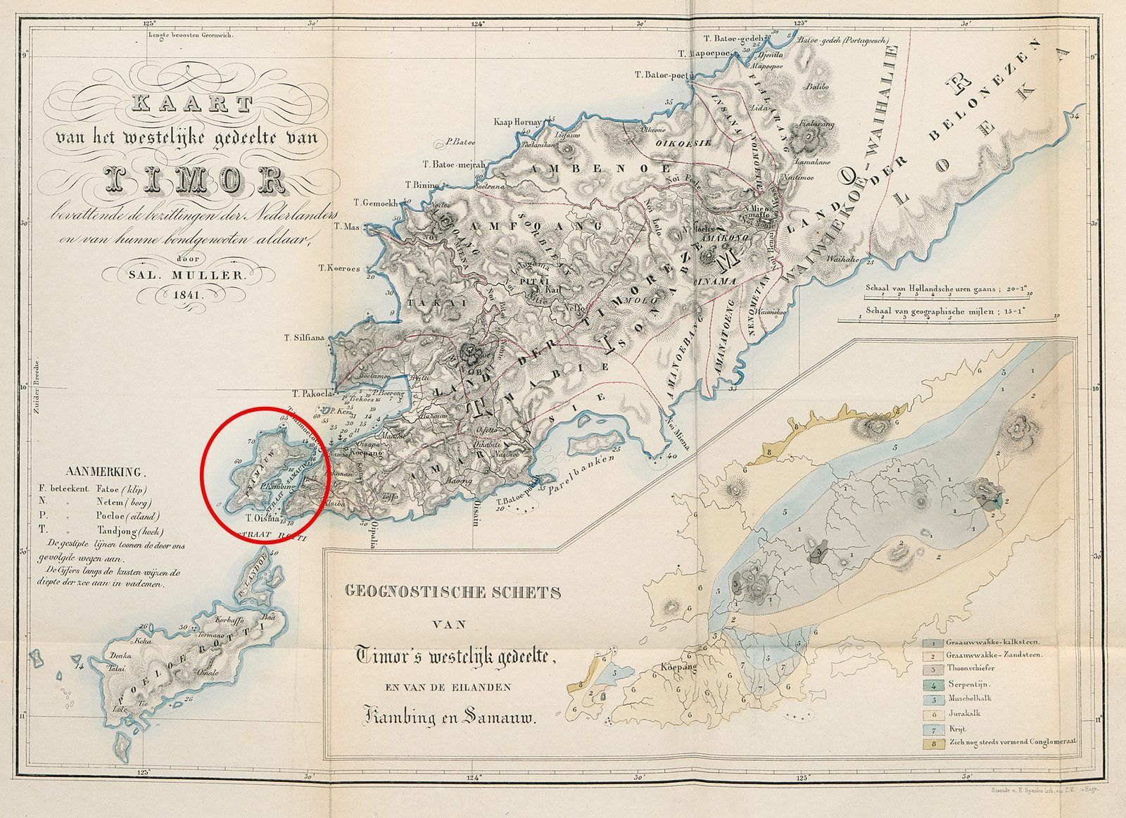 An old hand-coloured map of western Timor, with the small island of Semau circled in red
