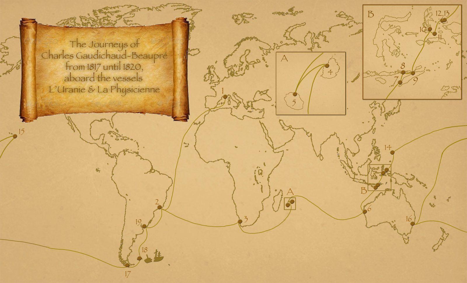 This map traces the route of Gaudichaud's voyage aboard *L'Uranie* and *La Physicienne*, 1817–1820.