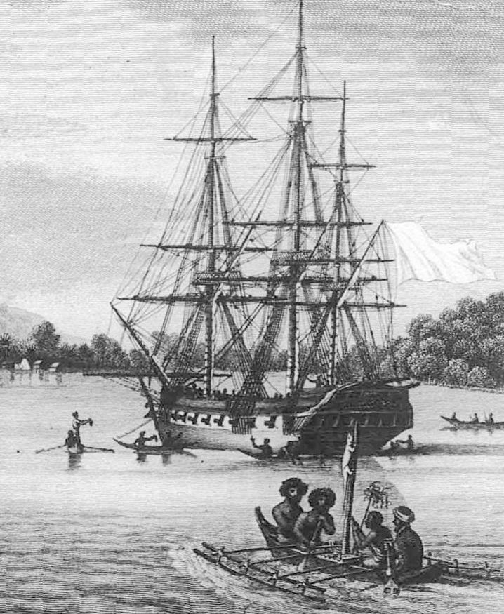 *L'Uranie* lies at anchor in the Raja Ampat Islands in late 1818, in an engraving based on sketches by members of the crew.