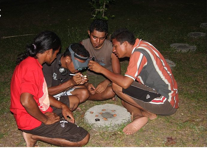 Four young Timorese scientists crouch around a concrete slab at night, one wearing magnifying goggles, counting the scales of a tiny blindsnake.